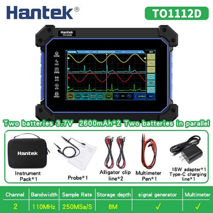 Hantek Full Touch Screen Digital Oscilloscope TO1112 TO1112C TO1112D portable 110Mhz 2-ch + Multimeter +Signal Generator 25 MHz Signal Source