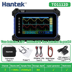 Osciloscopio digital Hantek con pantalla táctil completa TO1112, TO1112C, TO1112D, portátil, 110 MHz, 2 canales, multímetro y generador de señales, fuente de señal de 25 MHz. 