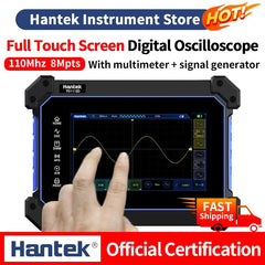 Osciloscopio digital Hantek con pantalla táctil completa TO1112, TO1112C, TO1112D, portátil, 110 MHz, 2 canales, multímetro y generador de señales, fuente de señal de 25 MHz. 