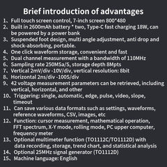 Osciloscopio digital Hantek con pantalla táctil completa TO1112, TO1112C, TO1112D, portátil, 110 MHz, 2 canales, multímetro y generador de señales, fuente de señal de 25 MHz. 