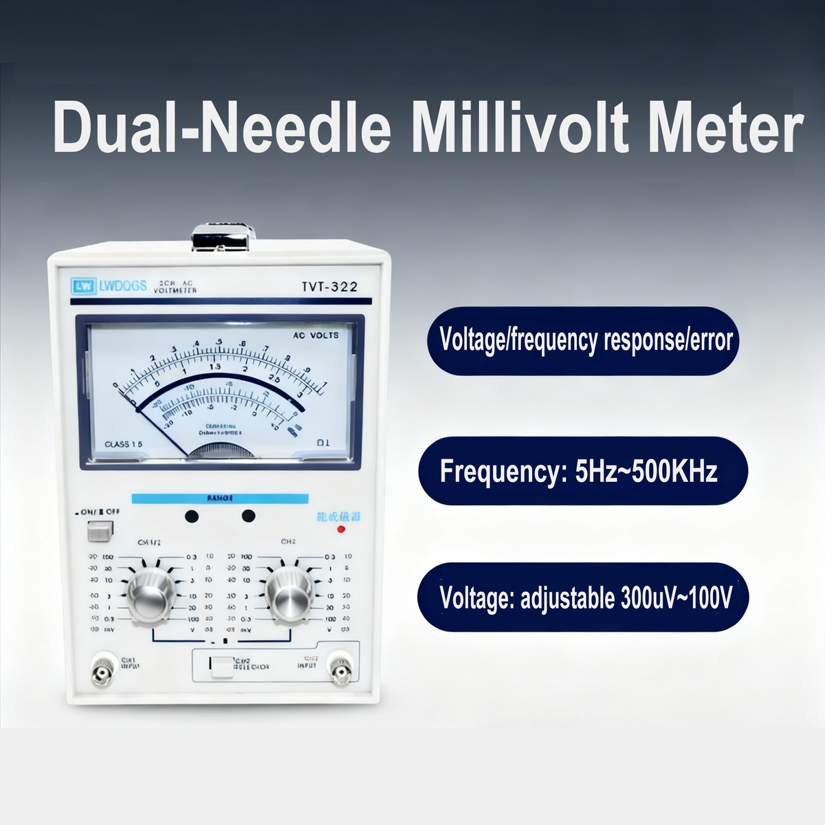 Medidor de milivoltios de doble aguja, 5 Hz a 1 MHz, 300 μV a 100 V, 10 MΩ CA, pantalla de puntero, comprobador eléctrico de alta precisión 