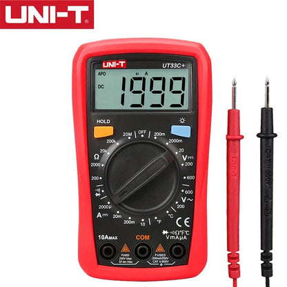 Multimètre numérique de poche UNI-T UT33C+, affichage 2 000 points, sécurité CAT II 600 V, sélection automatique de plage, résistance aux chutes de 2 m, avec rétroéclairage, sonde de température et test de diodes.