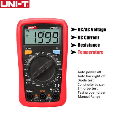 Multimètre numérique de poche UNI-T UT33C+, affichage 2 000 points, sécurité CAT II 600 V, sélection automatique de plage, résistance aux chutes de 2 m, avec rétroéclairage, sonde de température et test de diodes.