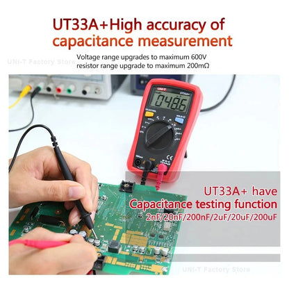 Multimètre numérique de poche UNI-T UT33C+, affichage 2 000 points, sécurité CAT II 600 V, sélection automatique de plage, résistance aux chutes de 2 m, avec rétroéclairage, sonde de température et test de diodes.
