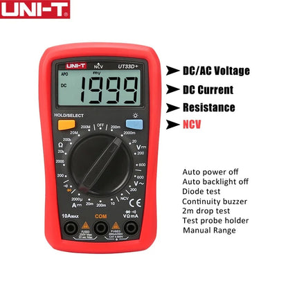 Multimètre numérique de poche UNI-T UT33D+, affichage 2 000 points, sécurité CAT II 600 V, sélection automatique/manuelle, résistance aux chutes de 2 m, avec rétroéclairage, NCV et sonde de température