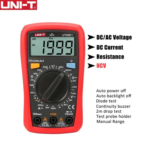 UNI-T UT33D+ Pocket Digital Multimeter, 2000 Count Display, CAT II 600V Safety, Auto/Manual Ranging, 2m Drop Proof, with Backlight, NCV & Temperature Probe
