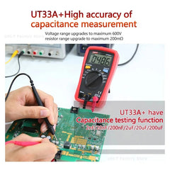 Multimètre numérique de poche UNI-T UT33D+, affichage 2 000 points, sécurité CAT II 600 V, sélection automatique de plage, résistance aux chutes de 2 m, avec rétroéclairage, NCV et sonde de température.