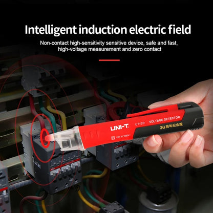 Testeur de tension sans contact UNI-T UT12D avec éclairage, sécurité CAT IV 1 000 V, arrêt automatique, détection de tension double (basse/haute), plage 90 V-1 000 V, certifié ETL et CE
