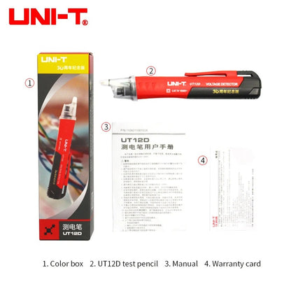 Testeur de tension sans contact UNI-T UT12D avec éclairage, sécurité CAT IV 1 000 V, arrêt automatique, détection de tension double (basse/haute), plage 90 V-1 000 V, certifié ETL et CE