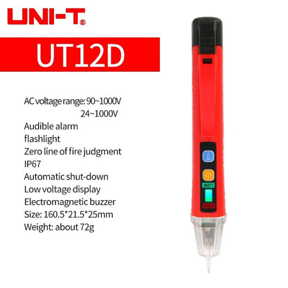 Testeur de tension sans contact UNI-T UT12D avec éclairage, sécurité CAT IV 1 000 V, arrêt automatique, détection de tension double (basse/haute), plage 90 V-1 000 V, certifié ETL et CE