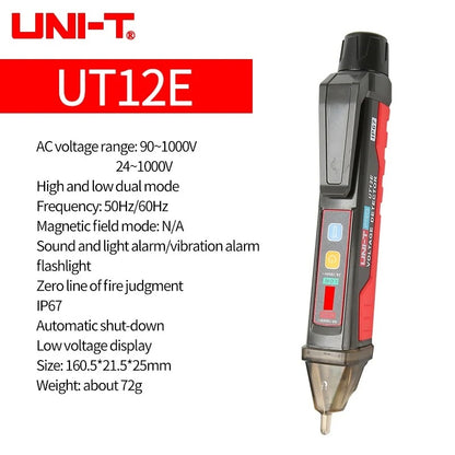 Testeur de tension sans contact UNI-T UT12E avec alerte par vibration, sécurité CAT IV 1 000 V, double mode (24 V-1 000 V), étanchéité IP67, résistance aux chutes de 2 m, lampe torche LED