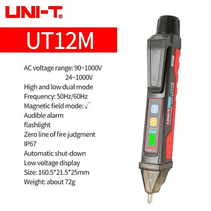 Testeur de tension sans contact UNI-T UT12M avec détection de champ magnétique, sécurité CAT IV 1000 V, double mode (24 V-1000 V), étanchéité IP67, résistance aux chutes de 2 m, lampe torche LED