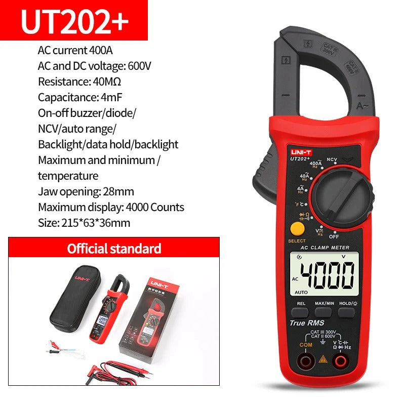 UNI-T UT202+ True RMS Digital Clamp Meter, 400A AC Current, NCV & Temperature Testing