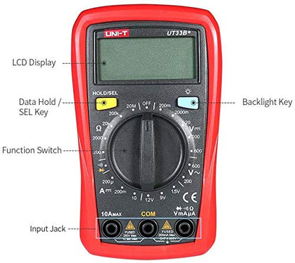 Multimètre numérique de poche UNI-T UT33B+, affichage 2 000 points, sécurité CAT II 600 V, sélection automatique de plage, résistance aux chutes de 2 m, avec rétroéclairage et test de diode (sans sonde de température)