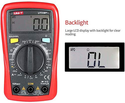 Multimètre numérique de poche UNI-T UT33B+, affichage 2 000 points, sécurité CAT II 600 V, sélection automatique de plage, résistance aux chutes de 2 m, avec rétroéclairage et test de diode (sans sonde de température)