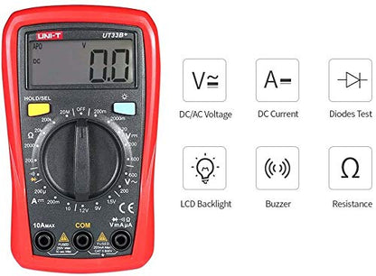 Multimètre numérique de poche UNI-T UT33B+, affichage 2 000 points, sécurité CAT II 600 V, sélection automatique de plage, résistance aux chutes de 2 m, avec rétroéclairage et test de diode (sans sonde de température)
