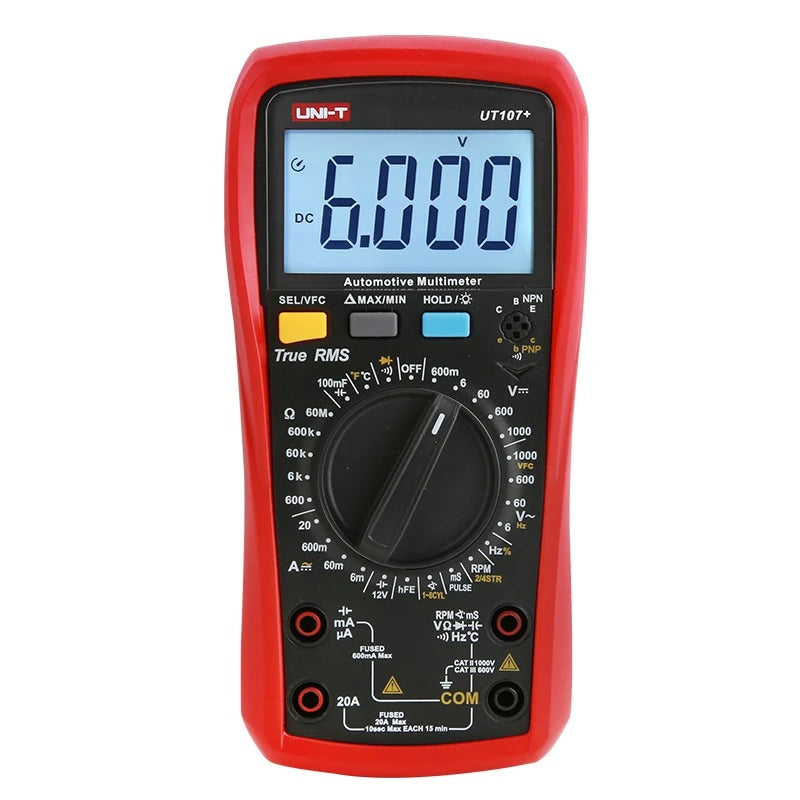 UNI-T UT107+ Automotive Multimeter, 6000 Counts, True RMS, CAT III 600V, 100mF Capacitance, RPM/DWELL/Pulse Width, 12V Battery Test
