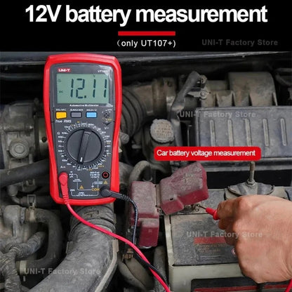 Multimètre automobile UNI-T UT107+, 6 000 points, valeur efficace vraie, CAT III 600 V, capacité 100 mF, tr/min/durée d'impulsion, test de batterie 12 V