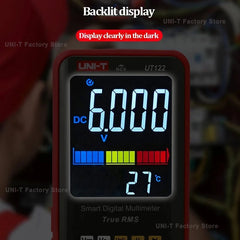 Multímetro digital UNI-T UT122 con rango automático, detección de velocidad de conducción sin contacto (NCV), medición de temperatura y frecuencia, seguridad CAT III 600 V