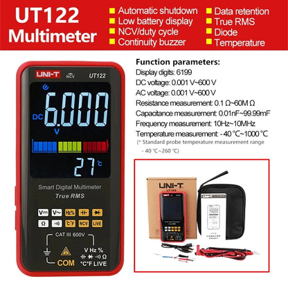 Multimètre numérique intelligent UNI-T UT122 avec écran couleur, sélection automatique de plage, détection NCV, mesure de température et de fréquence, sécurité CAT III 600 V
