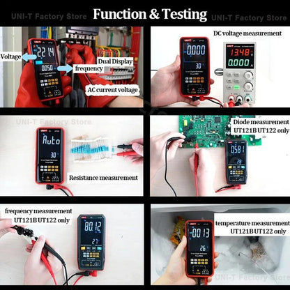 Multimètre numérique intelligent UNI-T UT122 avec écran couleur, sélection automatique de plage, détection NCV, mesure de température et de fréquence, sécurité CAT III 600 V