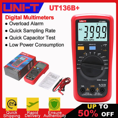 Multímetro digital UNI-T UT136B+, 3999 cuentas, verdadero valor eficaz, CAT III 600 V, NCV, hFE, corriente de 10 A, capacitancia de 40 mF