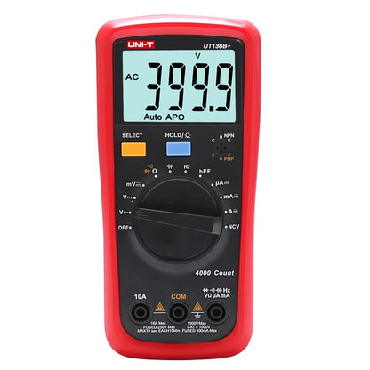 Multímetro digital UNI-T UT136B+, 3999 cuentas, verdadero valor eficaz, CAT III 600 V, NCV, hFE, corriente de 10 A, capacitancia de 40 mF
