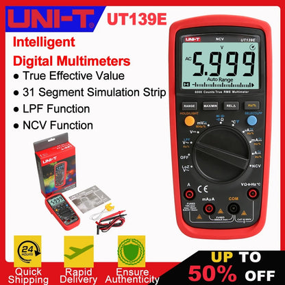 UNI-T UT139E Digital Multimeter, 6000 Counts, True RMS, CAT III 600V, LoZ/LPF, NCV, Temperature, 10A Current, 99.99mF Capacitance