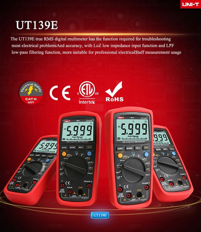 UNI-T UT139E Digital Multimeter, 6000 Counts, True RMS, CAT III 600V, LoZ/LPF, NCV, Temperature, 10A Current, 99.99mF Capacitance