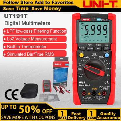 Multimètre industriel UNI-T UT191T, 6 000 points, valeur efficace vraie, CAT III 600 V, IP65, LPF/LoZ, température, courant 20 A, capacité 60 mF