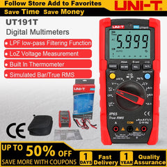 Multímetro industrial UNI-T UT191T, 6000 cuentas, verdadero valor eficaz, CAT III 600 V, IP65, LPF/LoZ, temperatura, corriente de 20 A, capacitancia de 60 mF