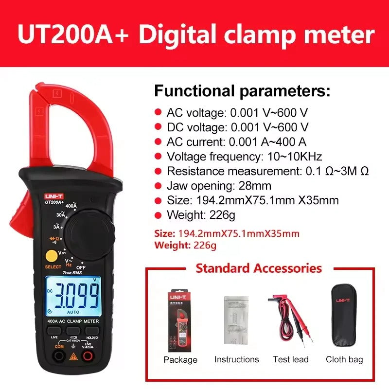 Pinza amperimétrica digital UNI-T UT200A+, 400 A CA, RMS real, CAT III 600 V, NCV, prueba en vivo, 600 V CA/CC, rango automático, LCD retroiluminado