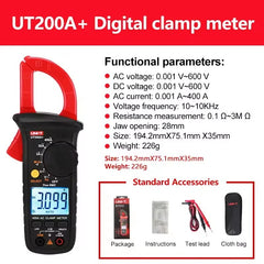 Pinza amperimétrica digital UNI-T UT200A+, 400 A CA, RMS real, CAT III 600 V, NCV, prueba en vivo, 600 V CA/CC, rango automático, LCD retroiluminado