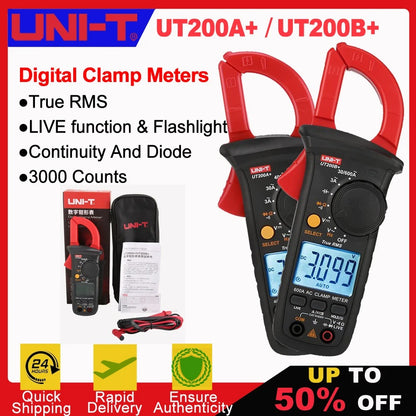 Pinza amperimétrica digital UNI-T UT200B+, 600 A CA, verdadero valor eficaz, 600 V CA/CC, capacitancia de 1 mF, prueba de cable con tensión, rango automático, CAT III 600 V
