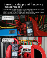 Pinza amperimétrica digital UNI-T UT200B+, 600 A CA, verdadero valor eficaz, 600 V CA/CC, capacitancia de 1 mF, prueba de cable con tensión, rango automático, CAT III 600 V