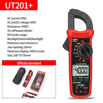Pince ampèremétrique numérique UNI-T UT201+, 400 A CA, valeur efficace vraie, CAT III 300 V, NCV, 600 V CA/CC, plage automatique, écran LCD rétroéclairé