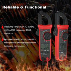 Pinza amperimétrica digital UNI-T UT201+, 400 A CA, RMS real, CAT III 300 V, NCV, 600 V CA/CC, rango automático, LCD retroiluminado