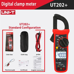Pinza amperimétrica digital UNI-T UT202+, 400 A CA, RMS real, CAT III 300 V, NCV, temperatura, capacitancia de 4 mF, LCD retroiluminado