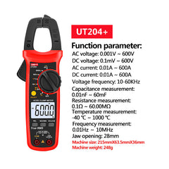 Pince ampèremétrique numérique UNI-T UT204+, courant/tension TRMS AC/DC, détection NCV, affichage 4 000 points, mâchoire de 28 mm, pour la maintenance électrique et CVC