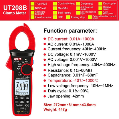 UNI-T UT206B Digital Clamp Meter, 6000 Counts, True RMS, LPF/LoZ/Temp/Flex Probe, 1000V CAT III/600V CAT IV, for Industrial & Electrical Testing