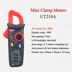 UNI-T UT210A Mini Clamp Meter, 200A AC, Compact 17mm Jaw, 1999 Counts, Manual Range, Lightweight 160g, CAT III 600V