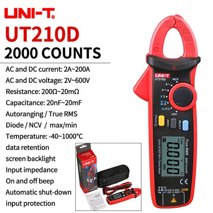 Mini-pince ampèremétrique numérique UNI-T UT210D, courant/tension TRMS AC/DC, détection NCV, mâchoire de 17 mm, affichage 1 999 points, pour mesures en espace restreint
