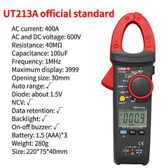 UNI-T UT213A Digital Clamp Meter, 400A AC, CAT III 600V, 3999 Counts, Auto Range, Flashlight, NCV, 30mm Jaw