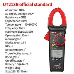 UNI-T UT213B Digital Clamp Meter, 400A AC, True RMS, CAT III 600V, 3999 Counts, Temperature, NCV, Auto Range