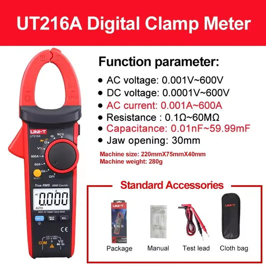 UNI-T UT216A Digital Clamp Meter, 600A AC, True RMS, CAT III 600V, NCV, 6000 Counts, Auto Range, Backlit LCD