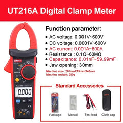 UNI-T UT216A Digital Clamp Meter, 600A AC, True RMS, CAT III 600V, NCV, 6000 Counts, Auto Range, Backlit LCD