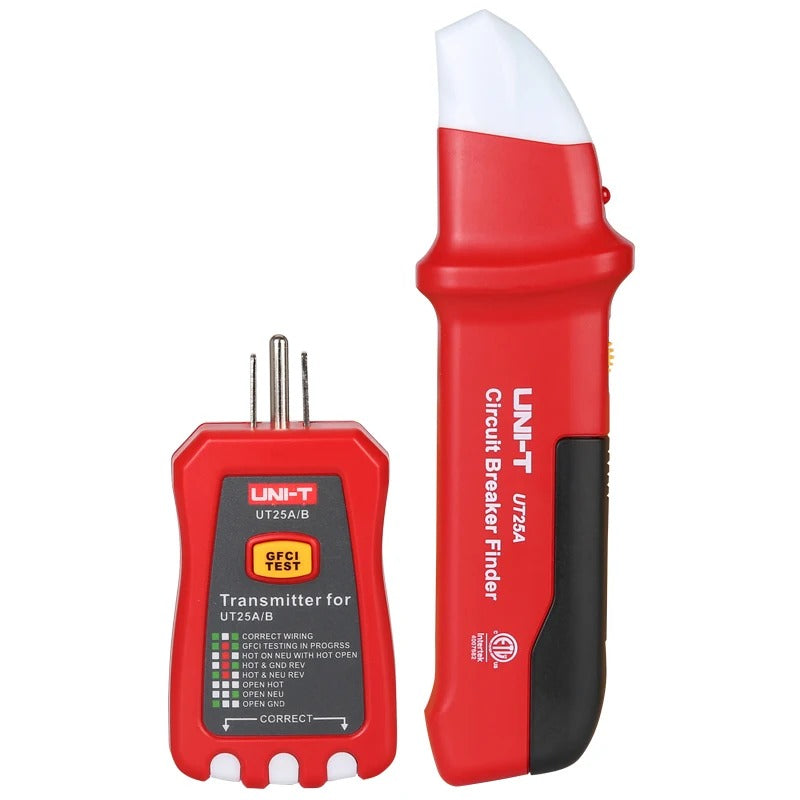 Détecteur de disjoncteur CA UNI-T UT25A, test NCV/GFCI, émetteur et récepteur, sensibilité réglable, indicateurs LED et buzzer, étanchéité IP67
