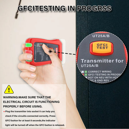 Détecteur de disjoncteur CA UNI-T UT25A avec test NCV/GFCI, émetteur et récepteur 2 en 1, sensibilité réglable, indicateurs LED et buzzer, étanchéité IP67