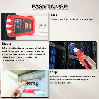 Détecteur de disjoncteur CA UNI-T UT25A avec test NCV/GFCI, émetteur et récepteur 2 en 1, sensibilité réglable, indicateurs LED et buzzer, étanchéité IP67