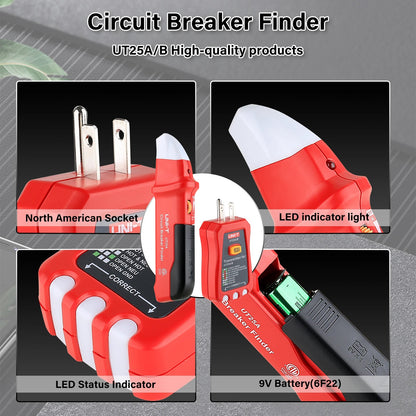 Détecteur de disjoncteur CA UNI-T UT25A avec test NCV/GFCI, émetteur et récepteur 2 en 1, sensibilité réglable, indicateurs LED et buzzer, étanchéité IP67